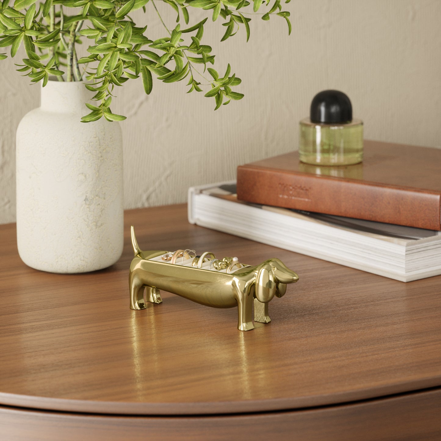Dachsie Ring Holder i polert metall med fløyelsbase for ringer