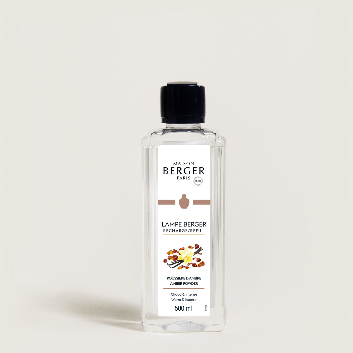 Maison Berger Poussière d’Ambre – Lampe Berger refill 500 ml – refillflaske med sort kork, sett forfra
