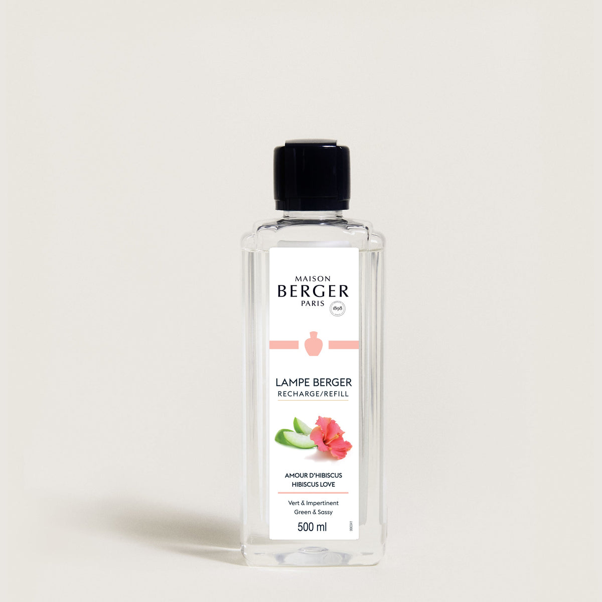 Maison Berger Amour d’Hibiscus – Lampe Berger refill 500 ml – refillflaske med sort kork, sett forfra