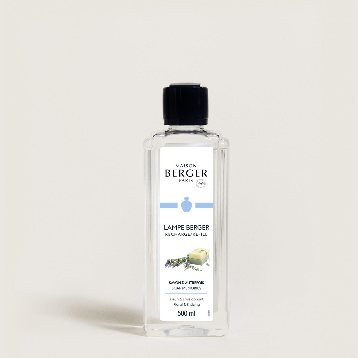 Maison Berger Savon d’Autrefois – Lampe Berger refill 500 ml – refillflaske med sort kork, sett forfra