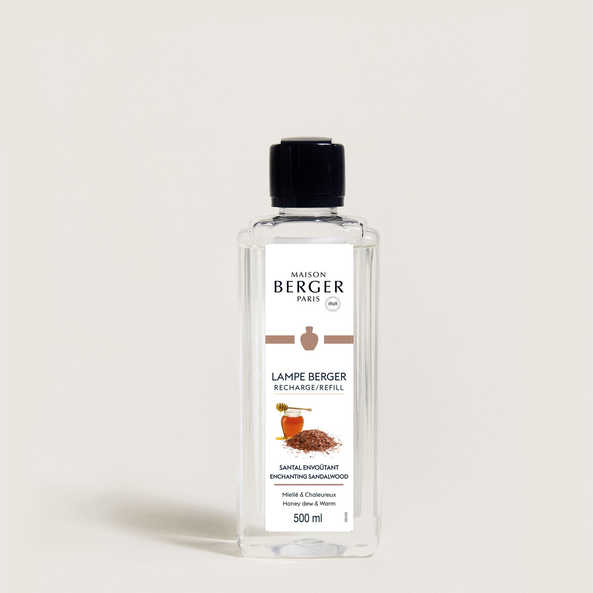 Maison Berger Santal Envoûtant – Lampe Berger refill 500 ml – refillflaske med sort kork, sett forfra