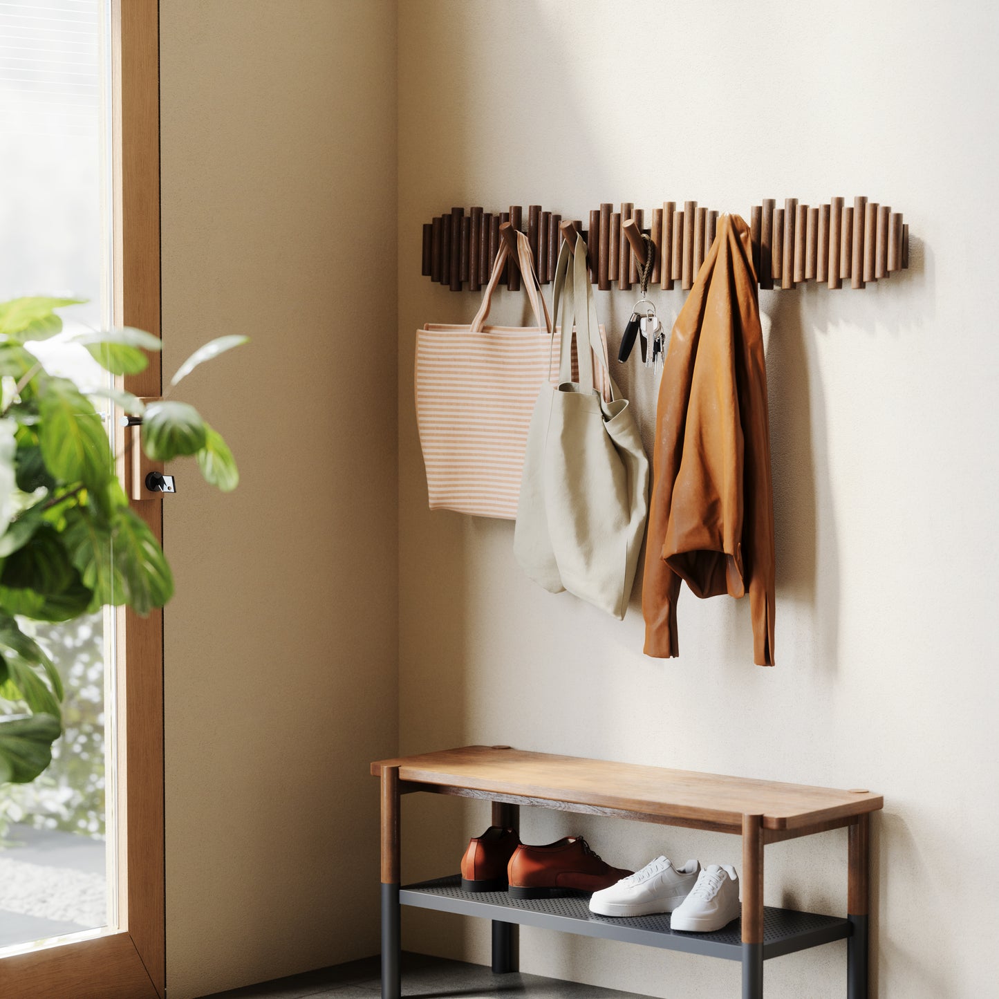 Picket knaggrekke walnut– funksjonelt design som også er veggkunst