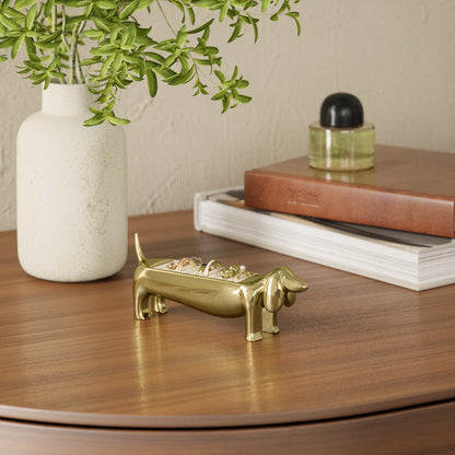 Dachsie Ring Holder i polert metall med fløyelsbase for ringer