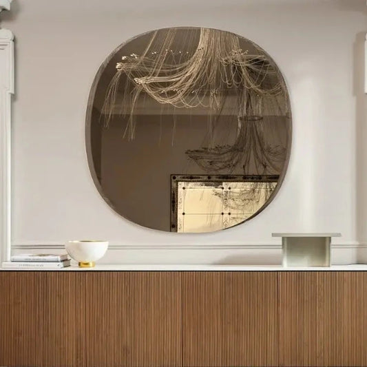 stort speil med diameter på 140 cm, fasett slipt kant og i bronse eller grått glass