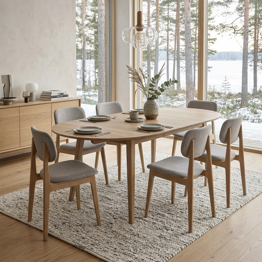 Monza XL spisebord i heltre eik med uttrekk i stilrent spisestuemiljø – @HOME Interiør Oslo