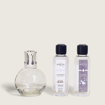 Maison Berger Essentielle rund – duftlampe gavesett – rund glasslampe med to refillflasker