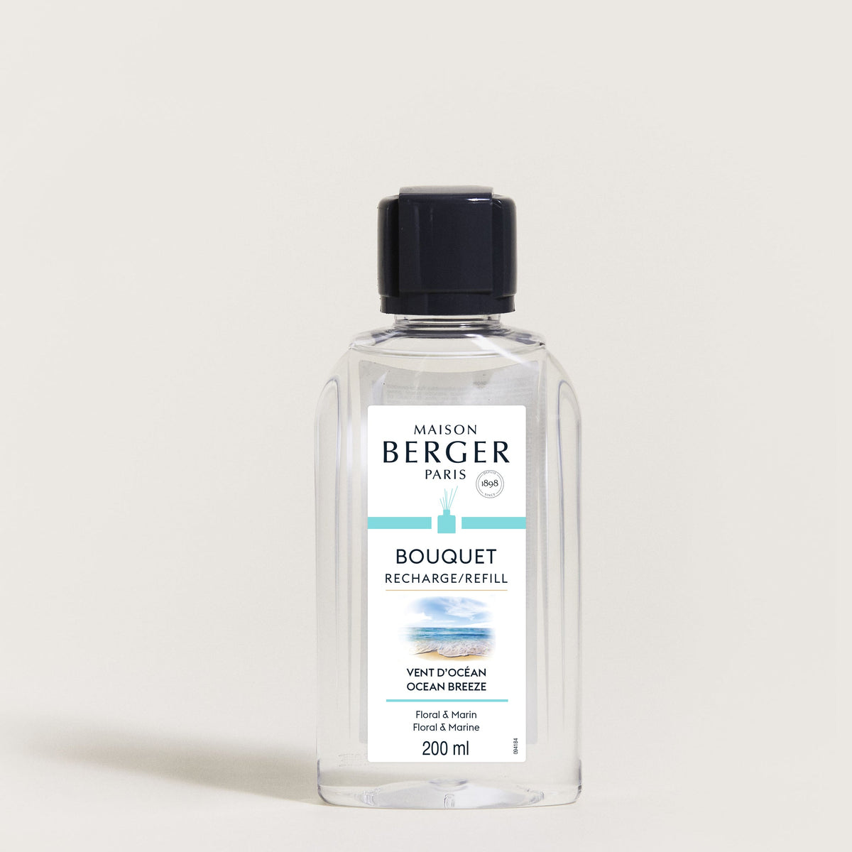Maison Berger Vent d’Océan – refill til duftpinner 200 ml – refillflaske med sort kork, sett forfra
