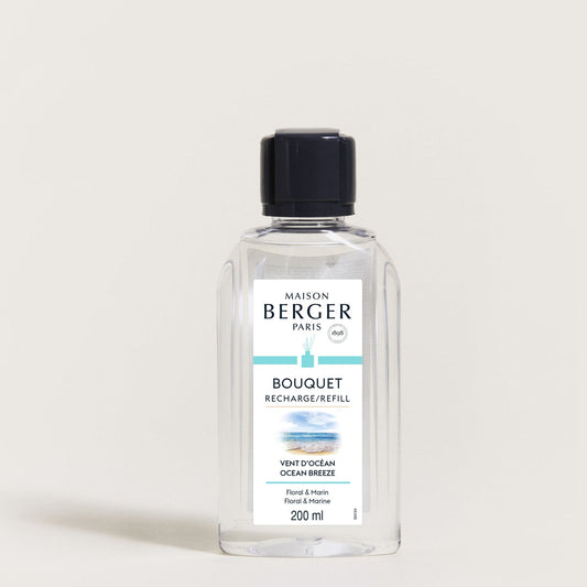 Maison Berger Vent d’Océan – refill til duftpinner 200 ml – refillflaske med sort kork, sett forfra