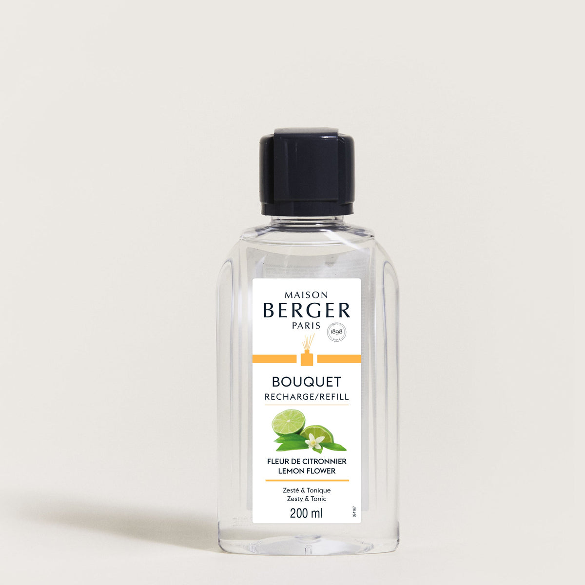 Maison Berger Fleur de Citronnier – refill til duftpinner 200 ml – refillflaske med sort kork, sett forfra