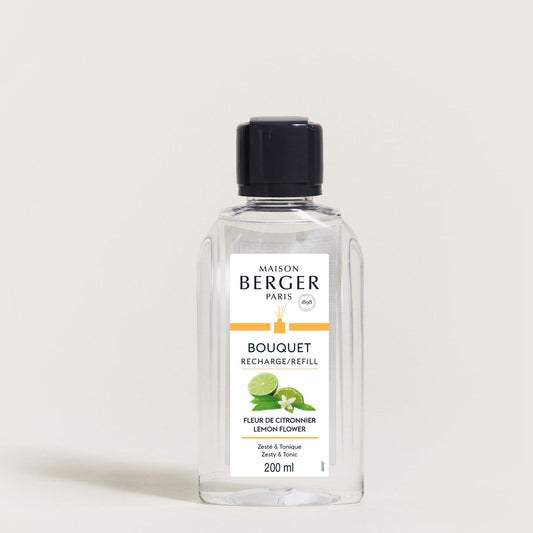 Maison Berger Fleur de Citronnier – refill til duftpinner 200 ml – refillflaske med sort kork, sett forfra