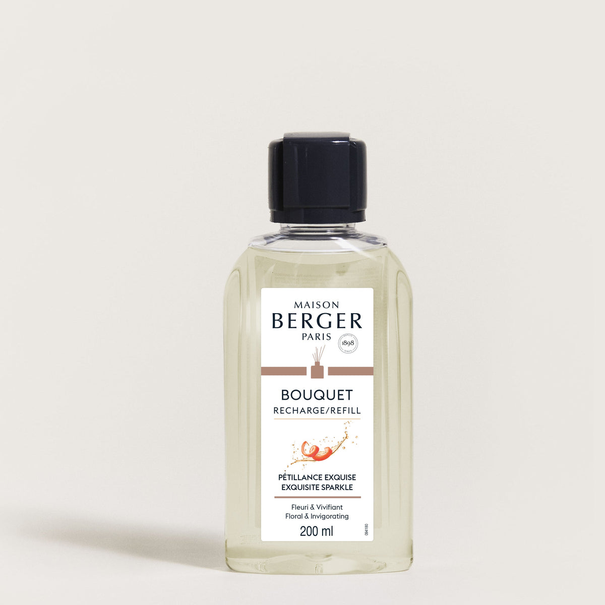 Maison Berger Pétillance Exquise – refill til duftpinner 200 ml – refillflaske med sort kork, sett forfra