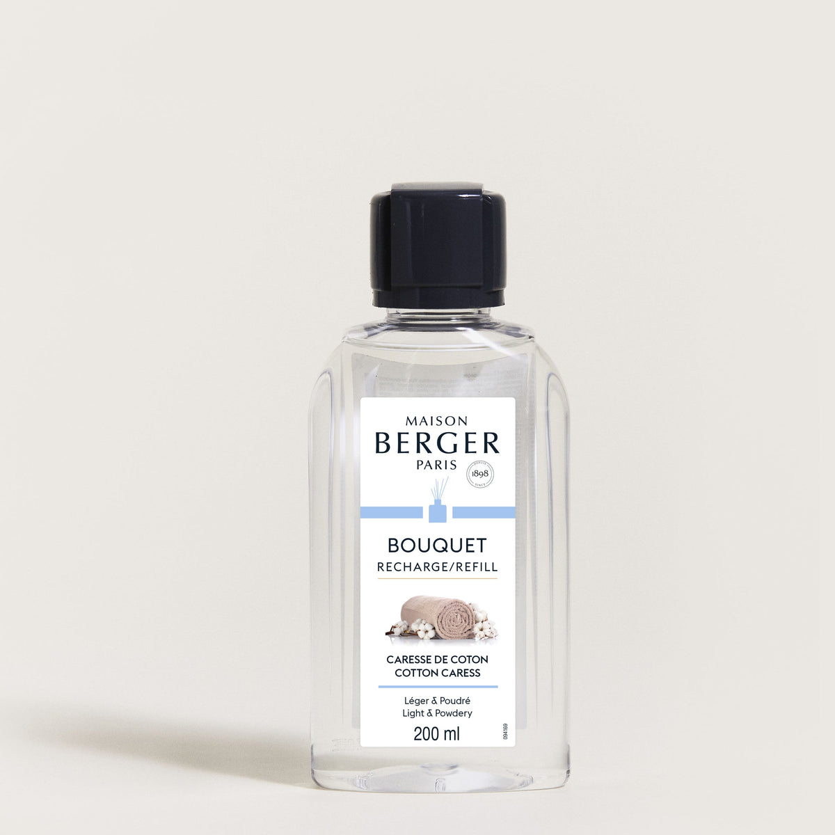 Maison Berger Caresse de Coton – refill til duftpinner 200 ml – refillflaske med sort kork, sett forfra