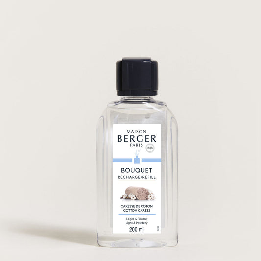 Maison Berger Caresse de Coton – refill til duftpinner 200 ml – refillflaske med sort kork, sett forfra
