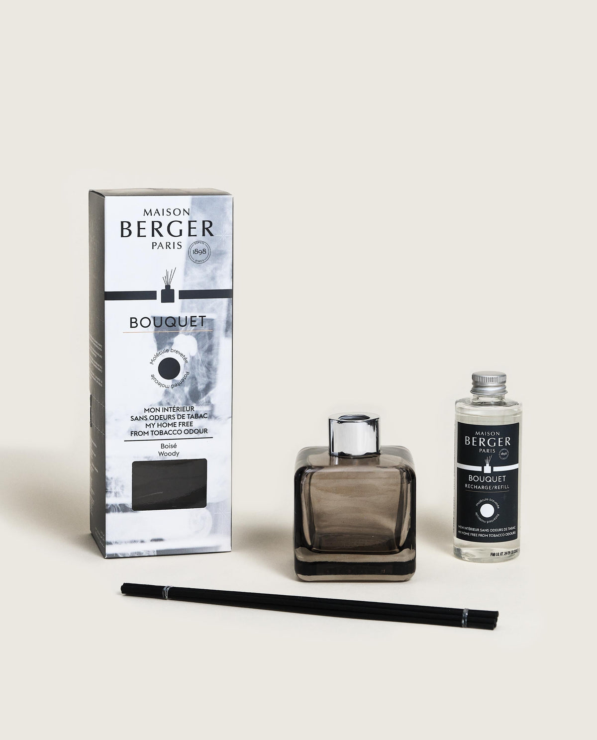 Maison Berger Glaçon duftpinner – mot tobakkslukt – gavepakke med glassflaske, pinner og refill