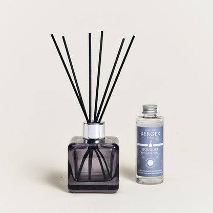Maison Berger Glaçon duftpinner – vaskerom – lilla glassflaske med sorte duftpinner og refill