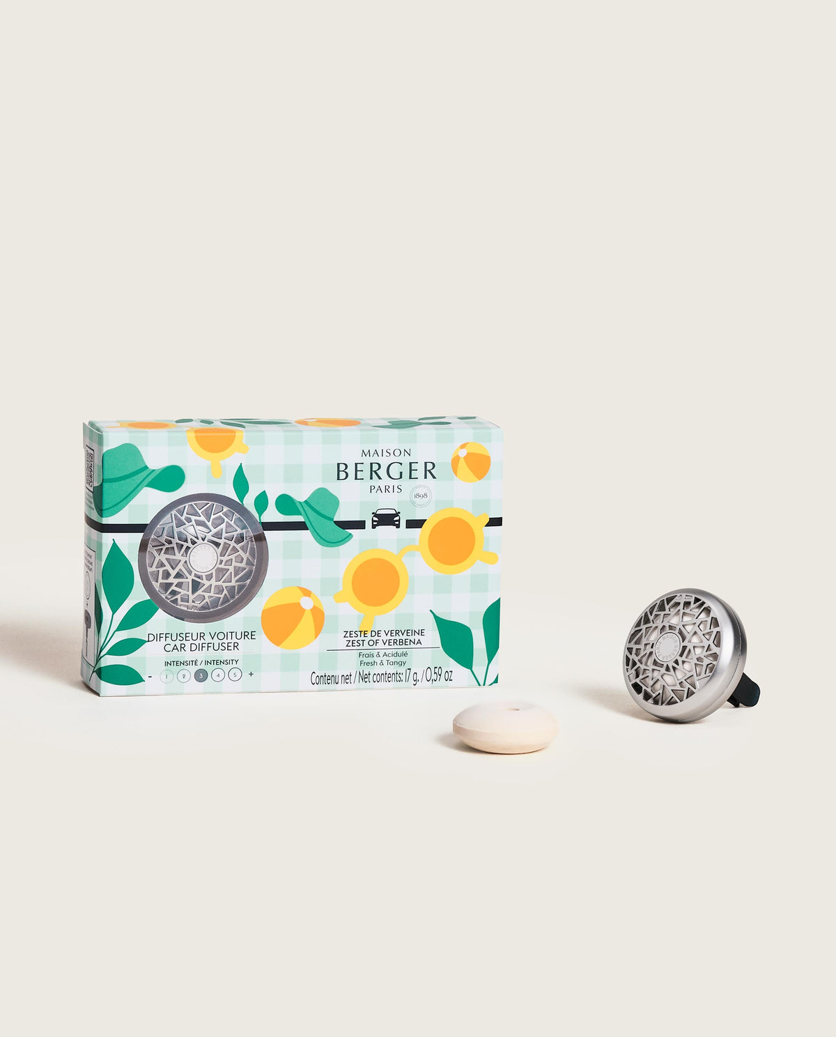 Maison Berger Estivale bilduft – Zeste de Verveine – bilduftspreder med duftinnlegg og emballasje