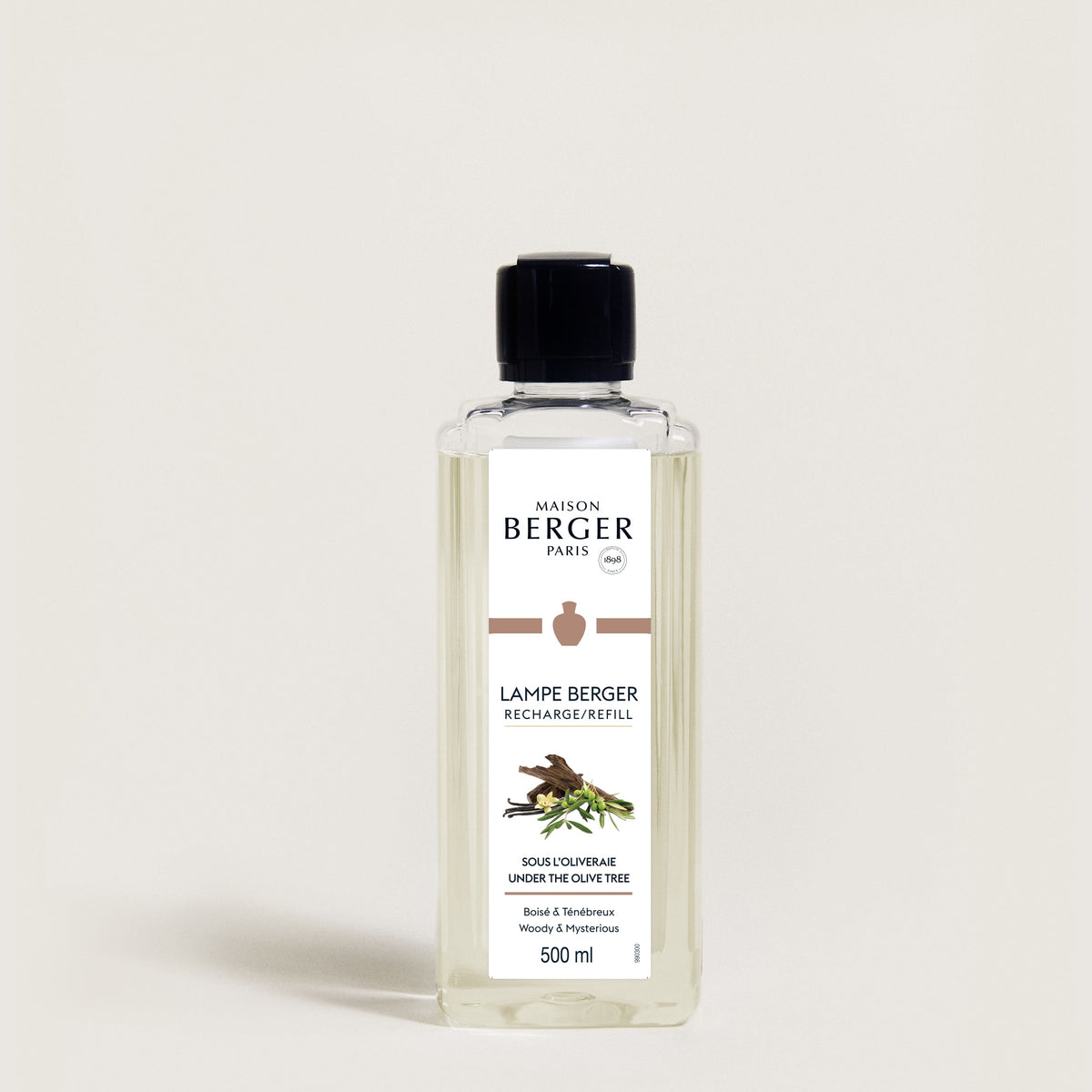 Maison Berger Sous l’Oliveraie – Lampe Berger refill 500 ml – refillflaske med sort kork, sett forfra