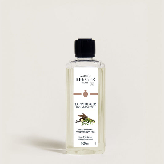 Maison Berger Sous l’Oliveraie – Lampe Berger refill 500 ml – refillflaske med sort kork, sett forfra
