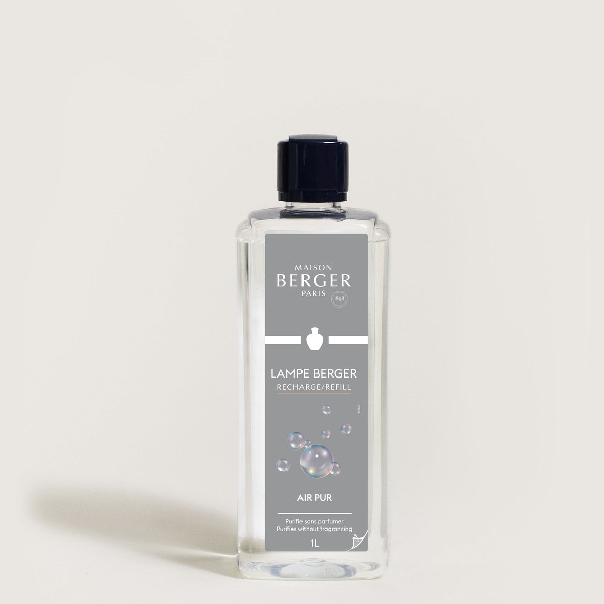 Maison Berger Neutre Essentiel – Lampe Berger refill 1 liter – refillflaske med sort kork, sett forfra